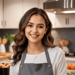 A realistic and welcoming portrait of Lena Scott, a stay-at-home food blogger passionate about air fryer recipes. She has a warm smile and textured, natural-looking skin, illuminated by soft lighting. Lena is dressed casually in a simple apron over a cozy shirt, standing in a modern kitchen with a blurred background. The scene includes fresh ingredients and an air fryer, reflecting her culinary focus. The overall aesthetic is bright, clean, and relatable, with realistic details in both her appearance and the setting.